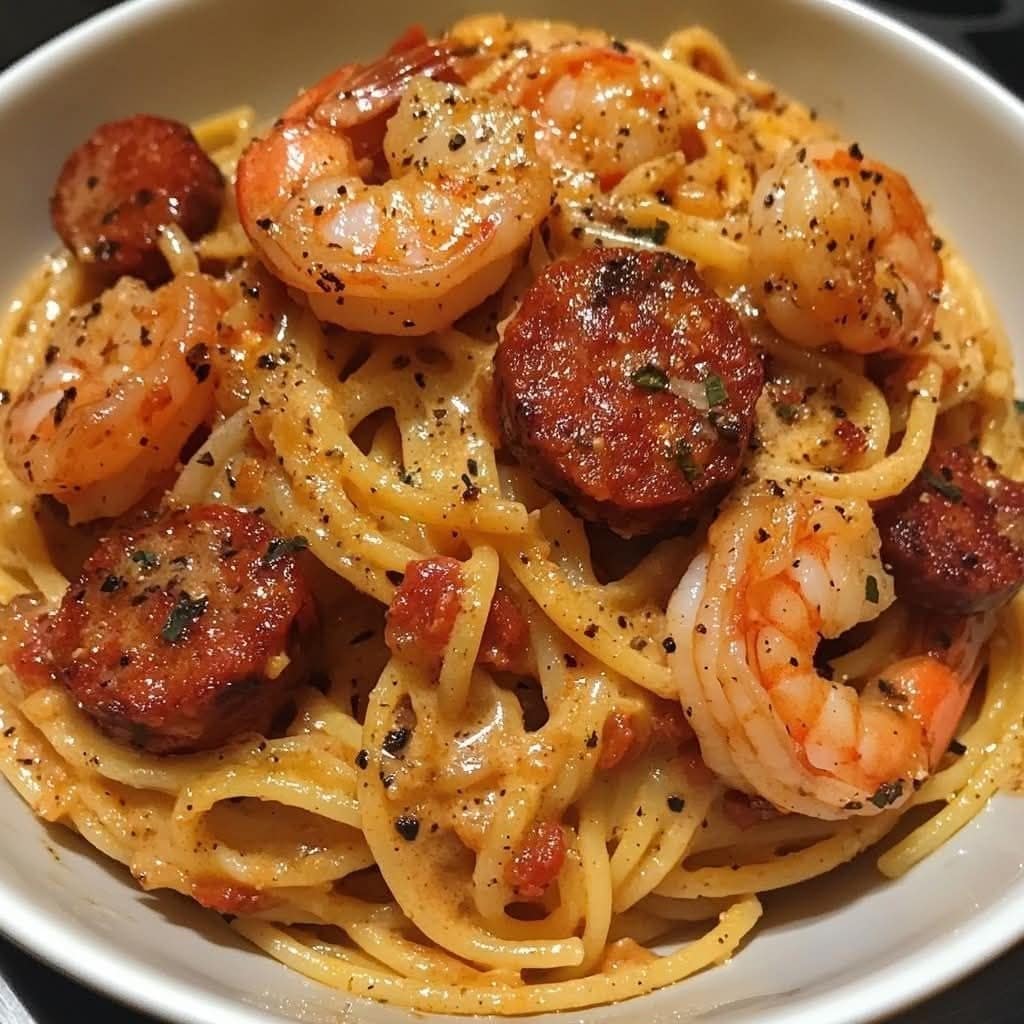Spaghetti chorizo crevettes à la crème de poivron servis dans une assiette