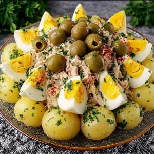 Salade de pommes de terre au thon avec œufs durs et olives